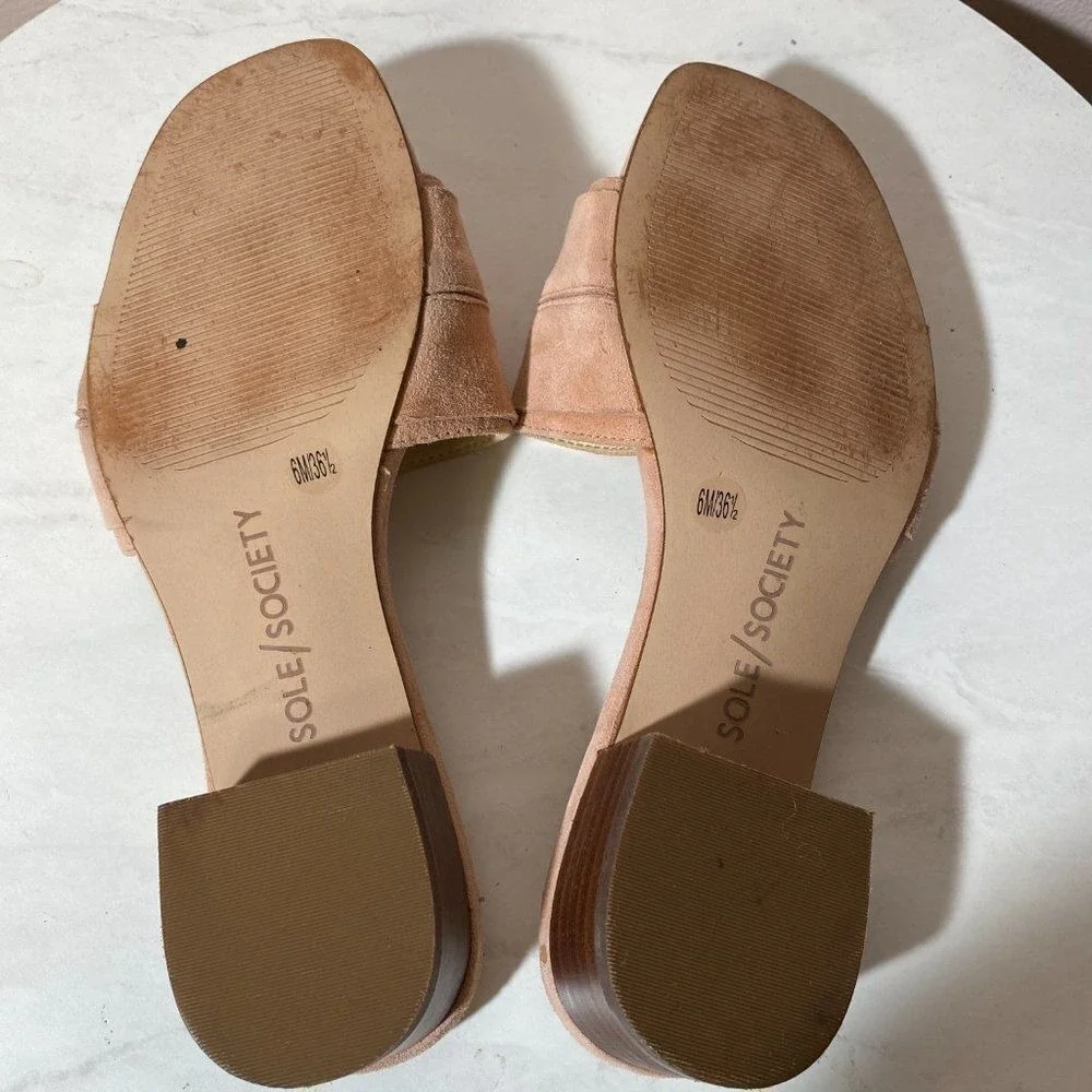 SOLE SOCIETY Suede Bow Slide Sandals‎ Blush Pink Low Block Heel 6M